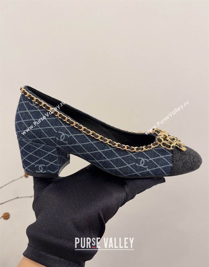 Chanel Quilted Denim Pumps with Chain Bow Dark Blue 2025 CH041605 (MD-250416037)