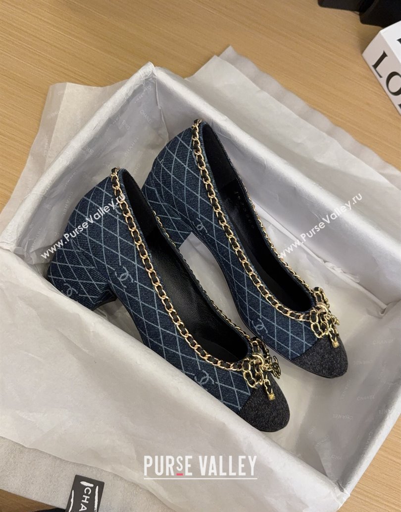 Chanel Quilted Denim Pumps with Chain Bow Dark Blue 2025 CH041605 (MD-250416037)