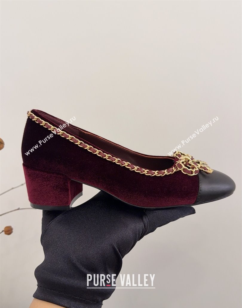 Chanel Velvet Pumps with Chain Bow Burgundy 2025 CH041605 (MD-250416038)