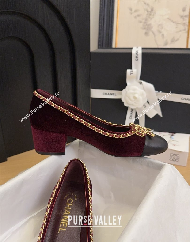 Chanel Velvet Pumps with Chain Bow Burgundy 2025 CH041605 (MD-250416038)