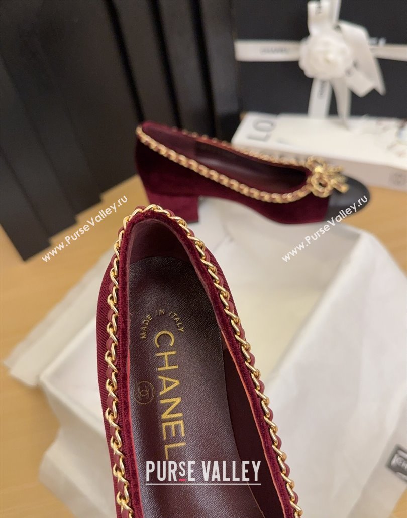 Chanel Velvet Pumps with Chain Bow Burgundy 2025 CH041605 (MD-250416038)
