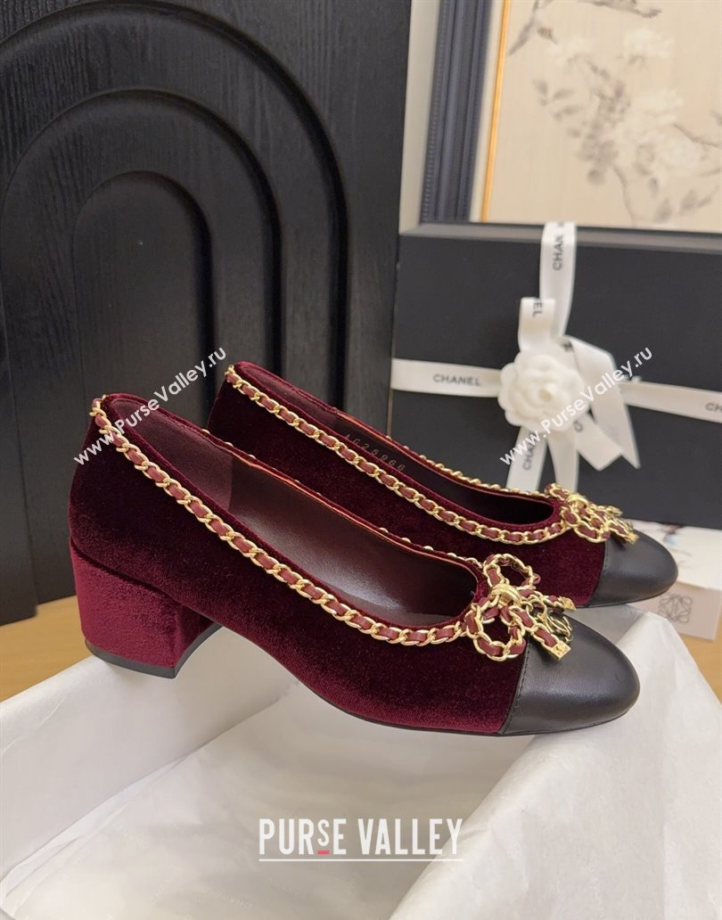 Chanel Velvet Pumps with Chain Bow Burgundy 2025 CH041605 (MD-250416038)