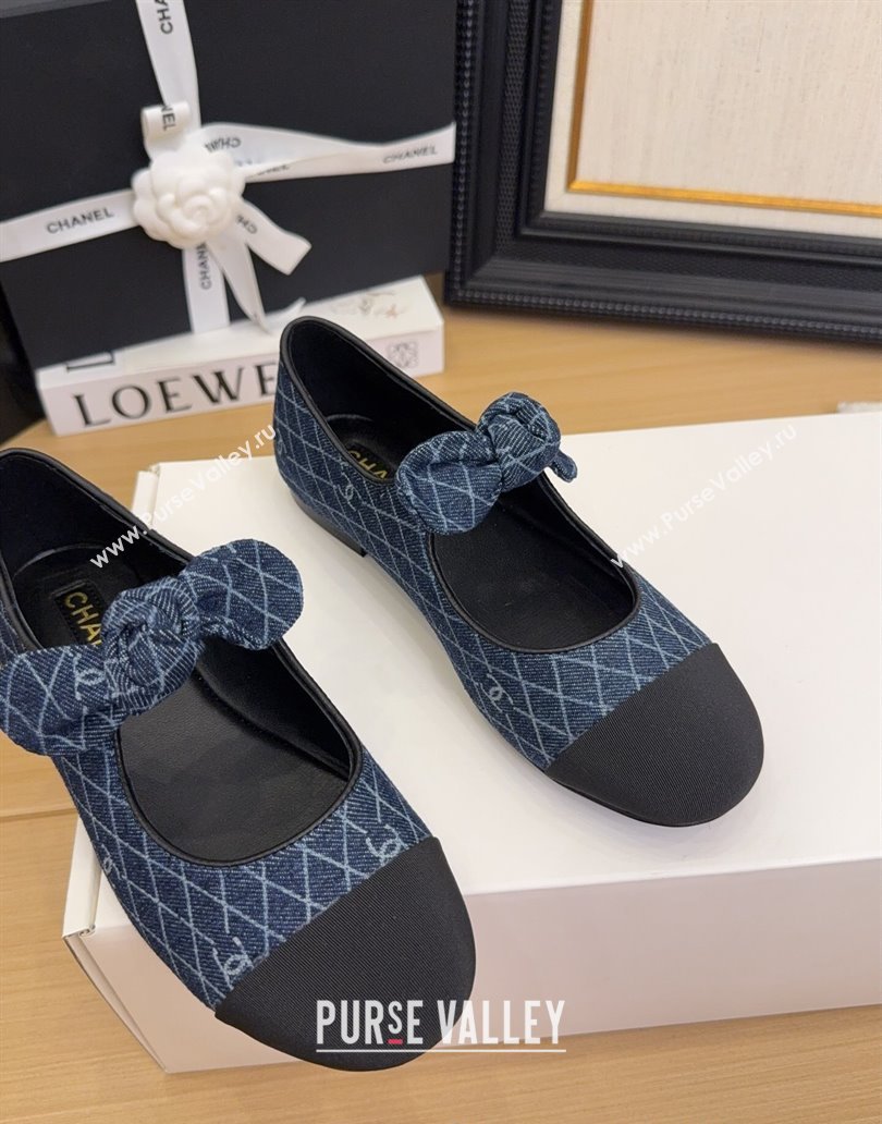 Chanel Quilted Denim Mary Janes Ballet Flats with Knot Bow Dark Blue 2025 G46149 (MD-250415002)