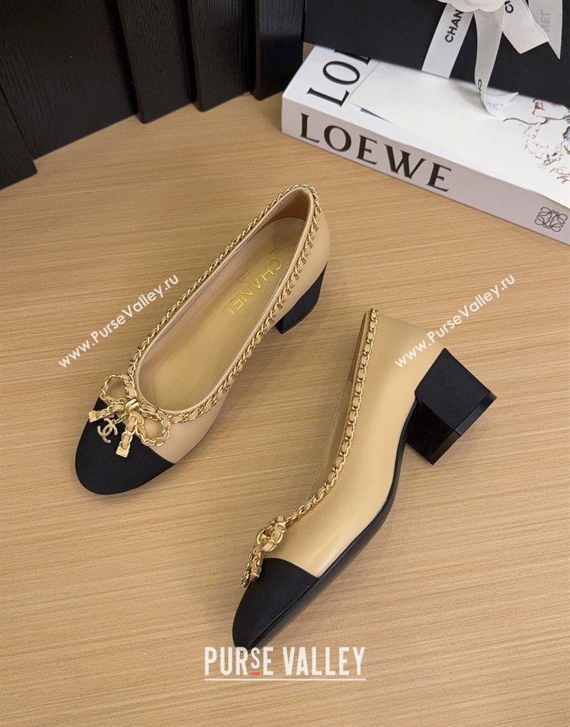Chanel Calfskin Pumps with Chain Bow Beige 2025 CH041605 (MD-250416042)