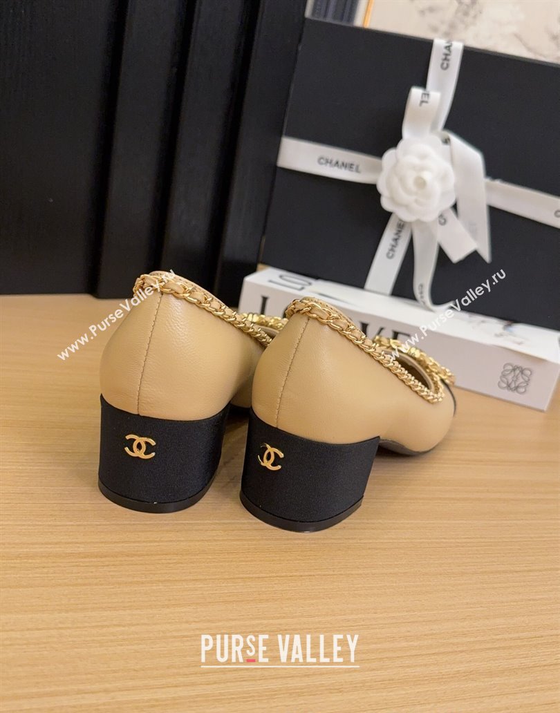 Chanel Calfskin Pumps with Chain Bow Beige 2025 CH041605 (MD-250416042)