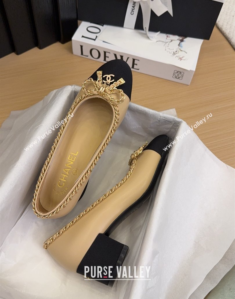 Chanel Calfskin Pumps with Chain Bow Beige 2025 CH041605 (MD-250416042)