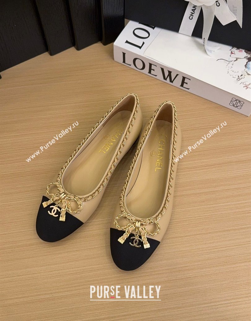 Chanel Calfskin Ballet Flats with Chain Bow Beige 2025 CH041605 (MD-250416045)