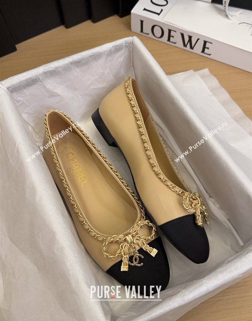 Chanel Calfskin Ballet Flats with Chain Bow Beige 2025 CH041605 (MD-250416045)