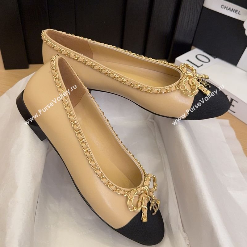 Chanel Calfskin Ballet Flats with Chain Bow Beige 2025 CH041605 (MD-250416045)
