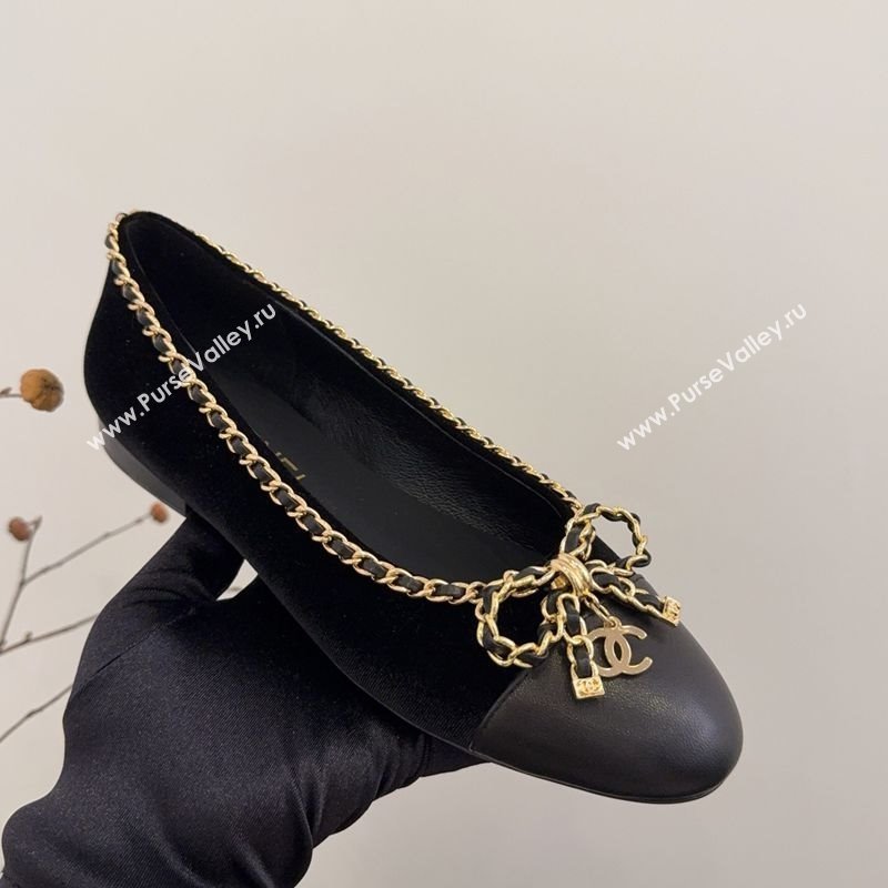 Chanel Velvet Ballet Flats with Chain Bow Black 2025 CH041605 (MD-250416046)