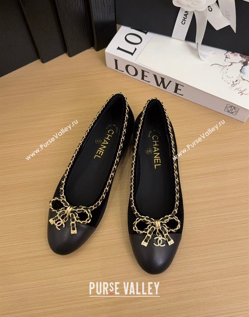 Chanel Velvet Ballet Flats with Chain Bow Black 2025 CH041605 (MD-250416046)