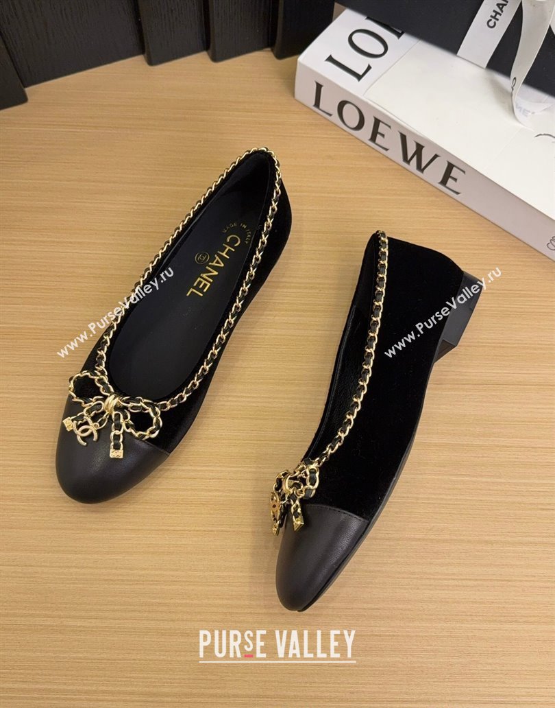 Chanel Velvet Ballet Flats with Chain Bow Black 2025 CH041605 (MD-250416046)