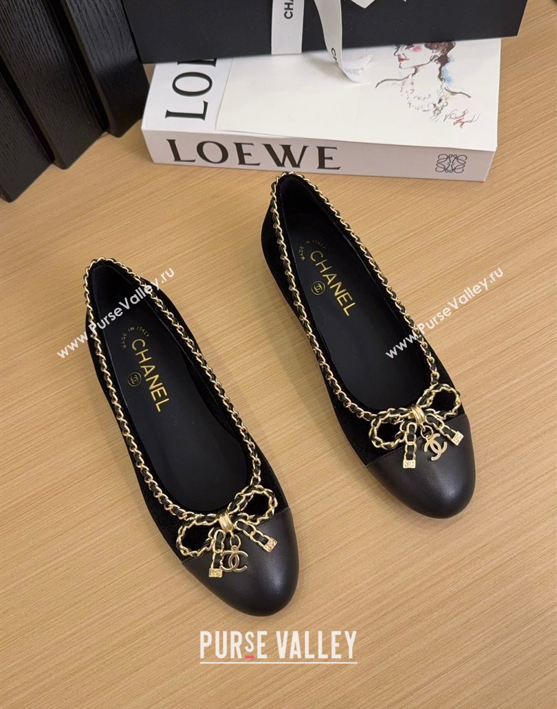 Chanel Velvet Ballet Flats with Chain Bow Black 2025 CH041605 (MD-250416046)