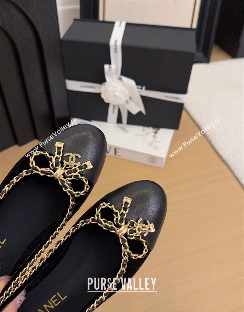 Chanel Velvet Ballet Flats with Chain Bow Black 2025 CH041605 (MD-250416046)