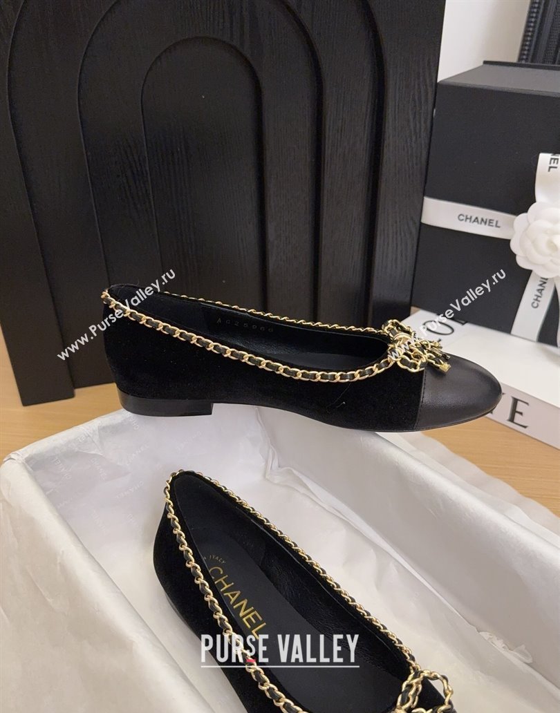 Chanel Velvet Ballet Flats with Chain Bow Black 2025 CH041605 (MD-250416046)
