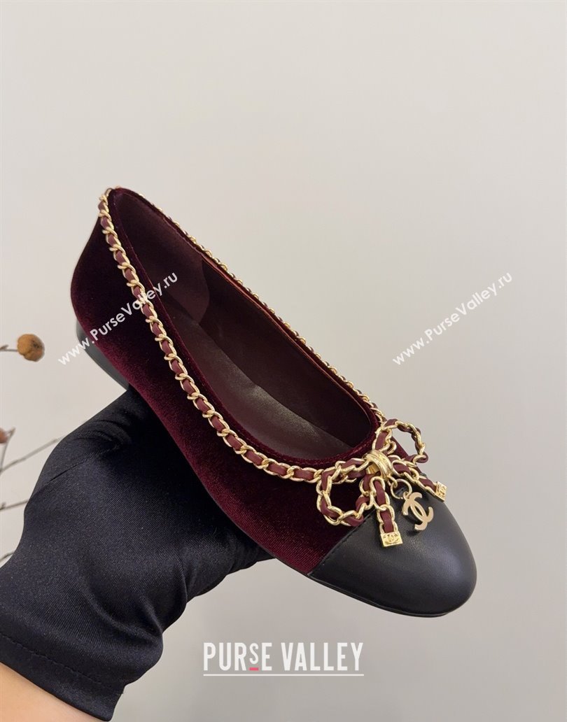 Chanel Velvet Ballet Flats with Chain Bow Burgundy 2025 CH041605 (MD-250416047)