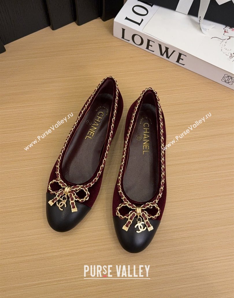 Chanel Velvet Ballet Flats with Chain Bow Burgundy 2025 CH041605 (MD-250416047)