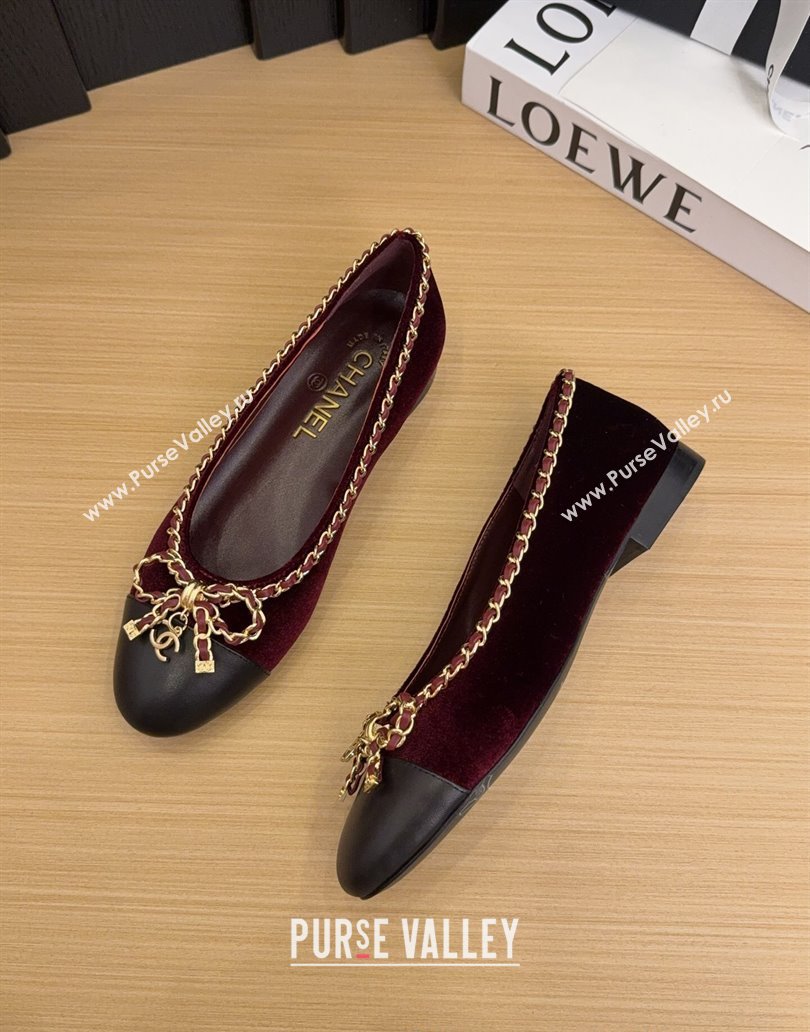 Chanel Velvet Ballet Flats with Chain Bow Burgundy 2025 CH041605 (MD-250416047)