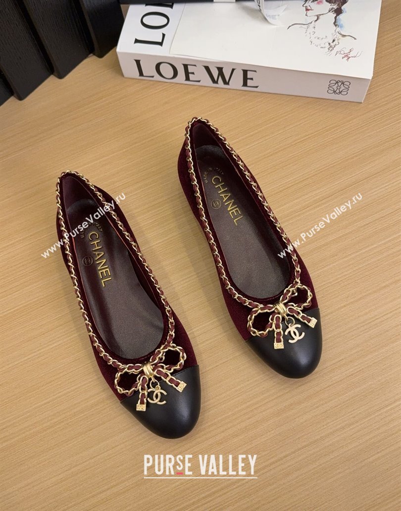 Chanel Velvet Ballet Flats with Chain Bow Burgundy 2025 CH041605 (MD-250416047)