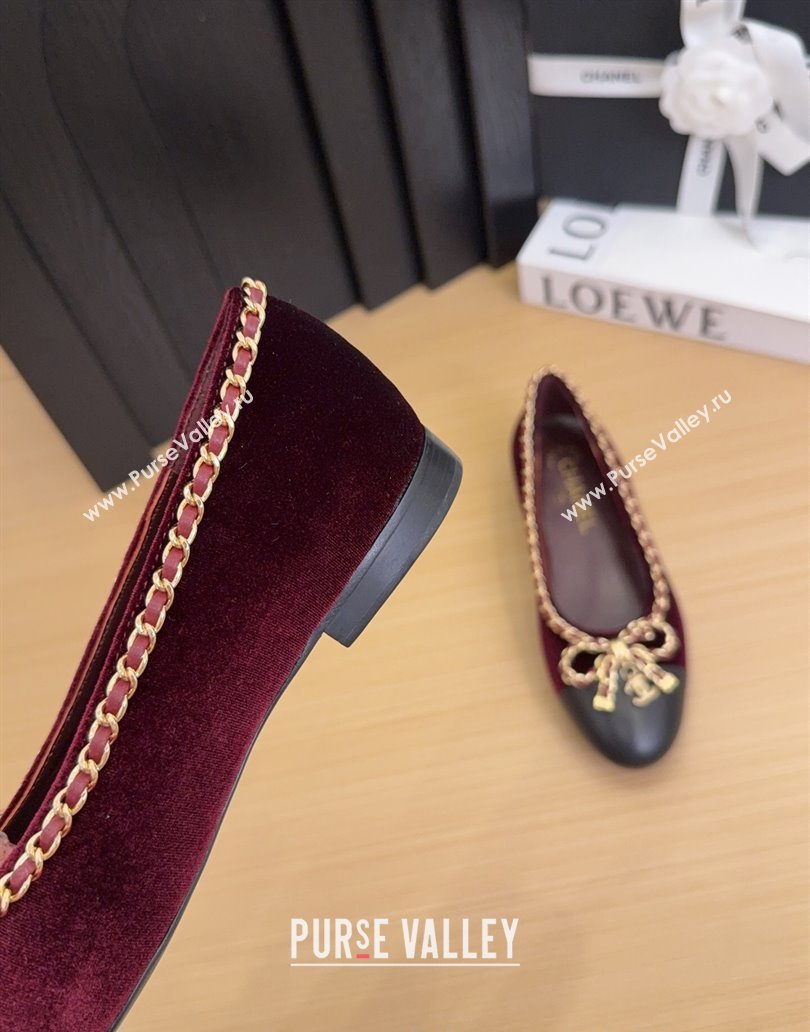 Chanel Velvet Ballet Flats with Chain Bow Burgundy 2025 CH041605 (MD-250416047)
