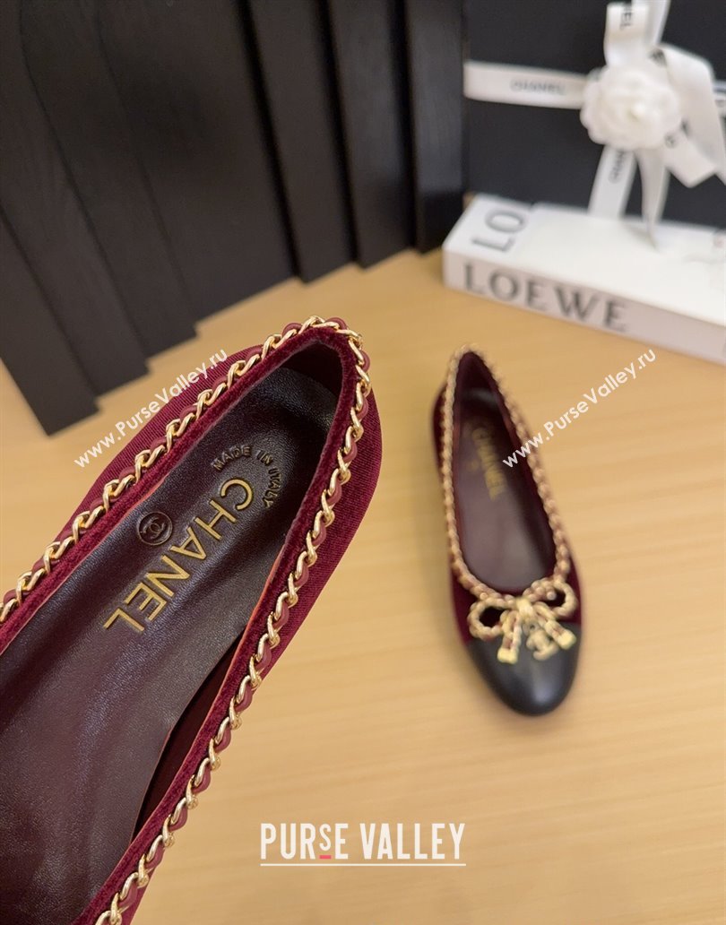 Chanel Velvet Ballet Flats with Chain Bow Burgundy 2025 CH041605 (MD-250416047)
