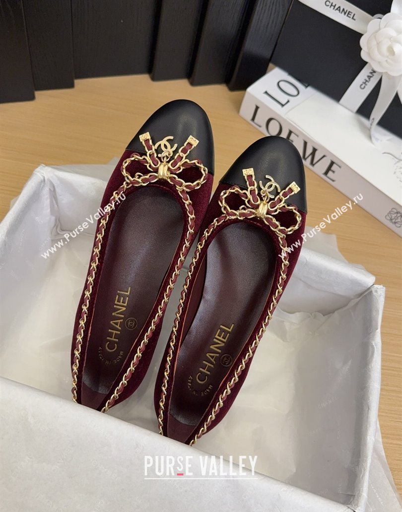 Chanel Velvet Ballet Flats with Chain Bow Burgundy 2025 CH041605 (MD-250416047)