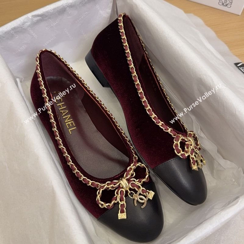 Chanel Velvet Ballet Flats with Chain Bow Burgundy 2025 CH041605 (MD-250416047)