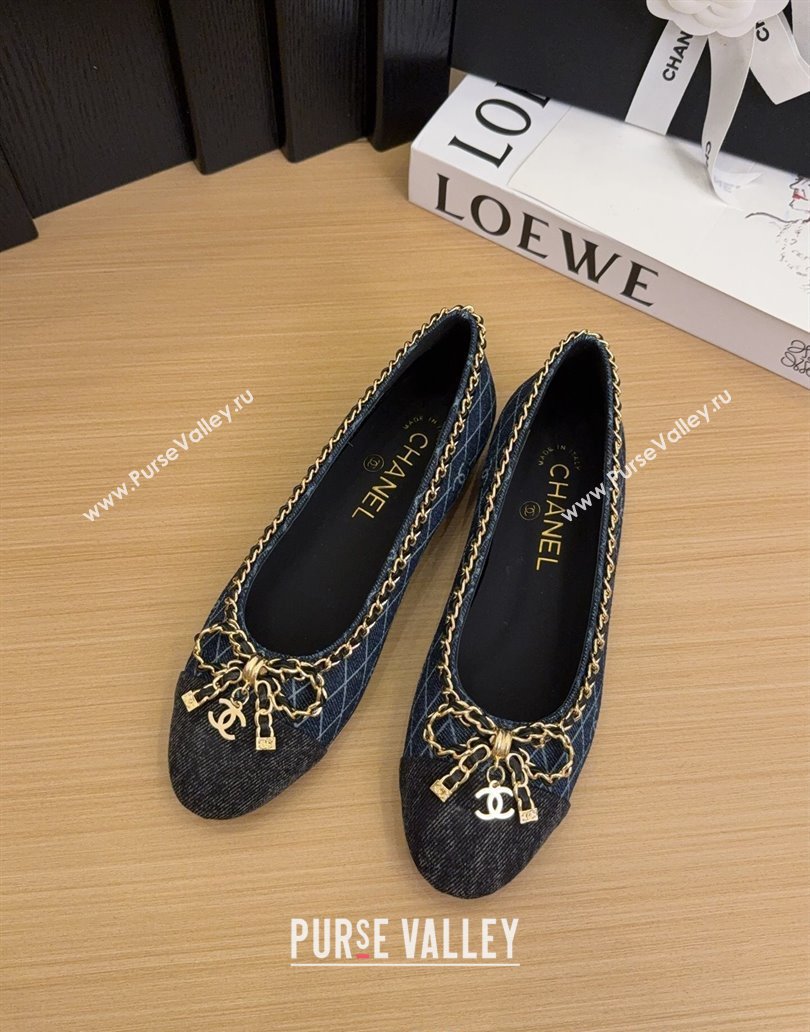 Chanel Quilted Denim Ballet Flats with Chain Bow Dark Blue 2025 CH041605 (MD-250416048)