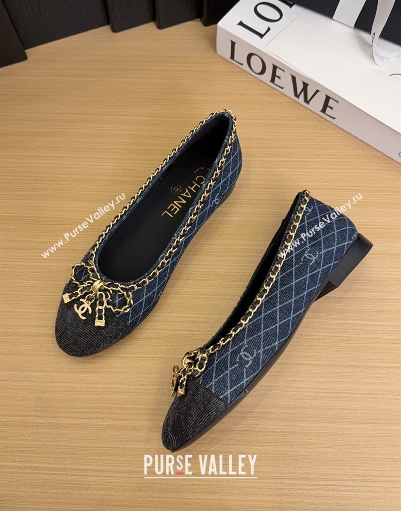 Chanel Quilted Denim Ballet Flats with Chain Bow Dark Blue 2025 CH041605 (MD-250416048)