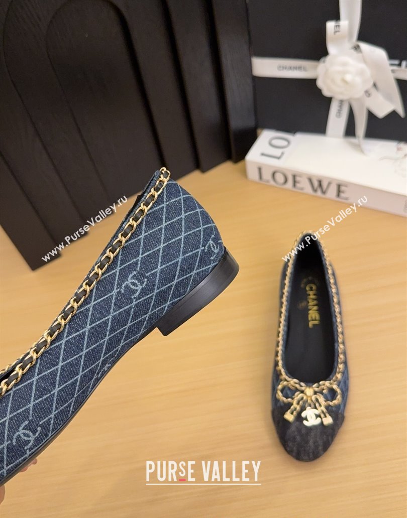 Chanel Quilted Denim Ballet Flats with Chain Bow Dark Blue 2025 CH041605 (MD-250416048)