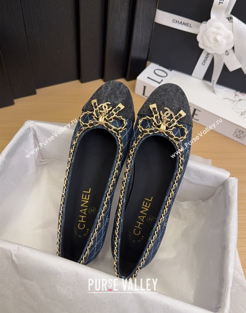 Chanel Quilted Denim Ballet Flats with Chain Bow Dark Blue 2025 CH041605 (MD-250416048)