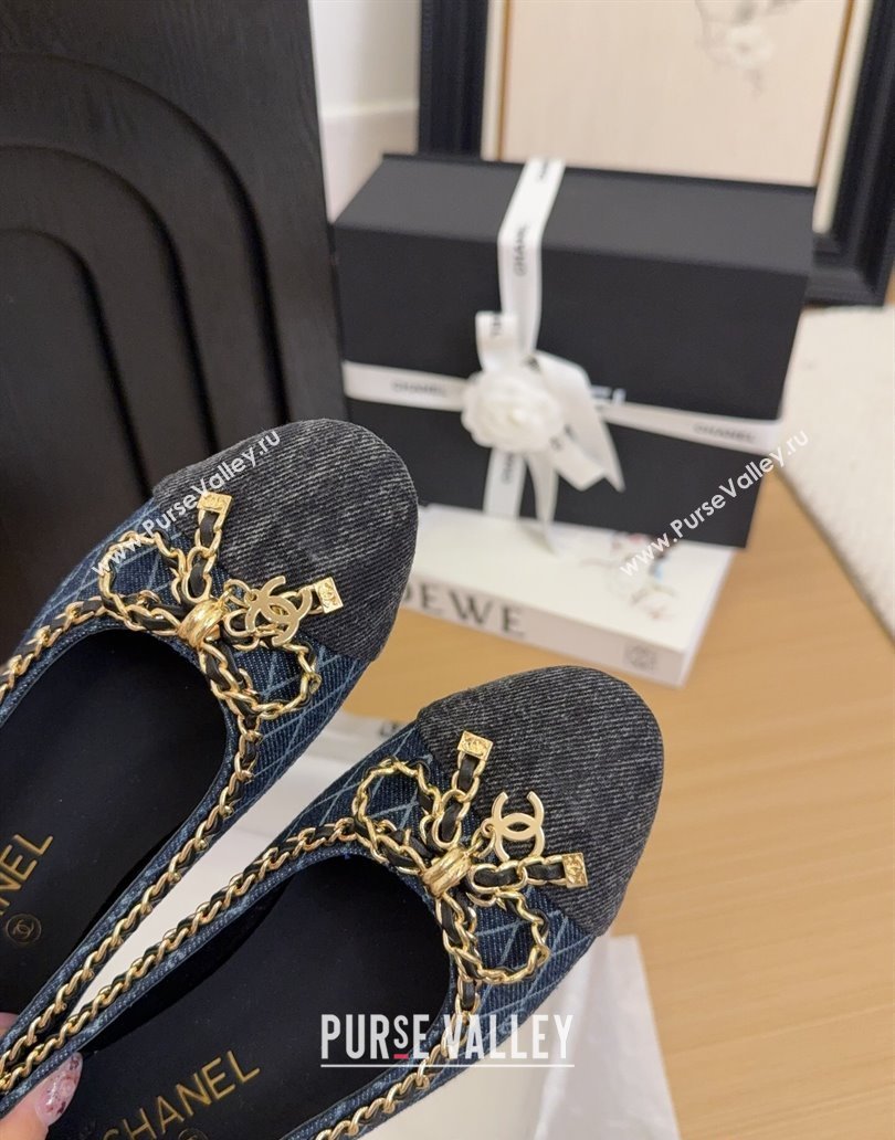 Chanel Quilted Denim Ballet Flats with Chain Bow Dark Blue 2025 CH041605 (MD-250416048)