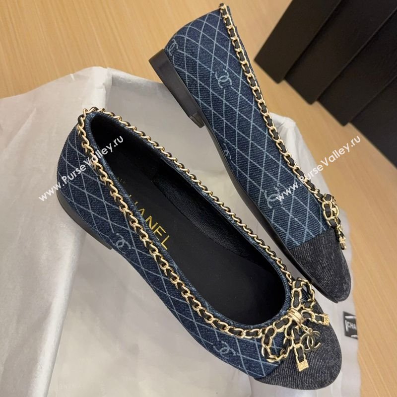 Chanel Quilted Denim Ballet Flats with Chain Bow Dark Blue 2025 CH041605 (MD-250416048)