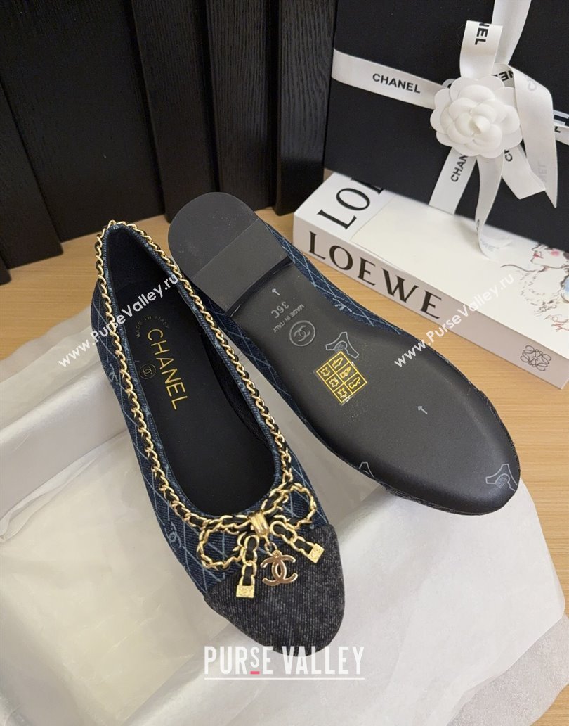 Chanel Quilted Denim Ballet Flats with Chain Bow Dark Blue 2025 CH041605 (MD-250416048)