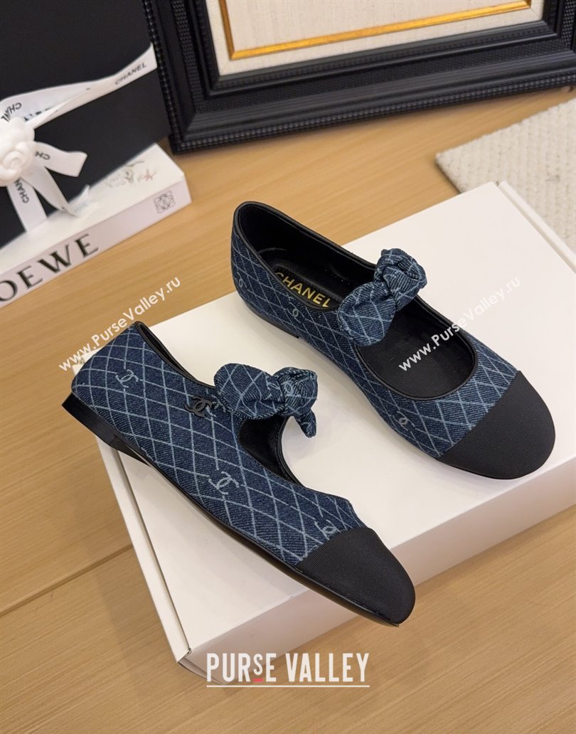Chanel Quilted Denim Mary Janes Ballet Flats with Knot Bow Dark Blue 2025 G46149 (MD-250415002)