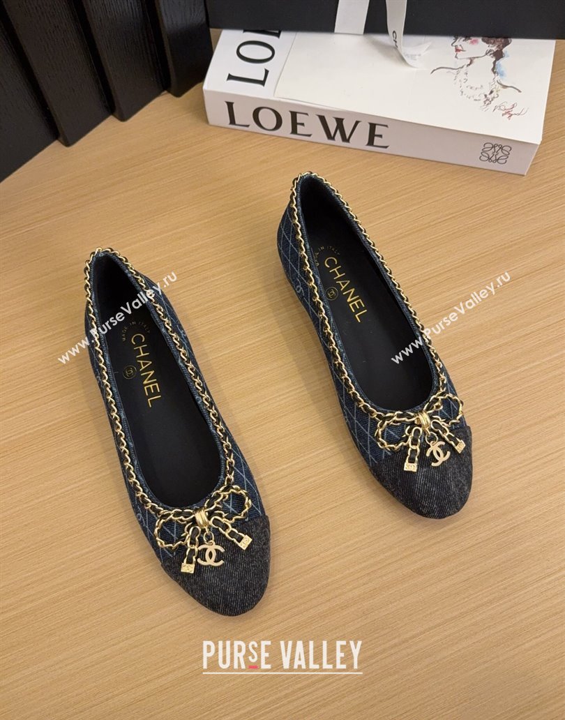 Chanel Quilted Denim Ballet Flats with Chain Bow Dark Blue 2025 CH041605 (MD-250416048)