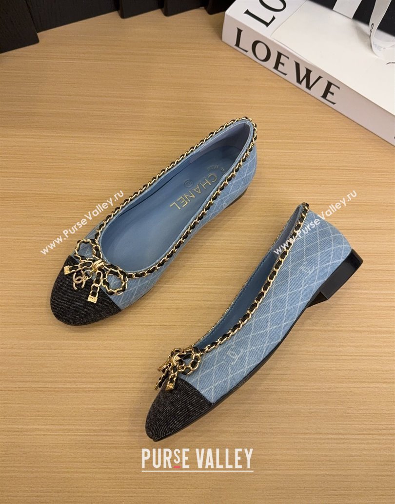 Chanel Quilted Denim Ballet Flats with Chain Bow Light Blue 2025 CH041605 (MD-250416049)