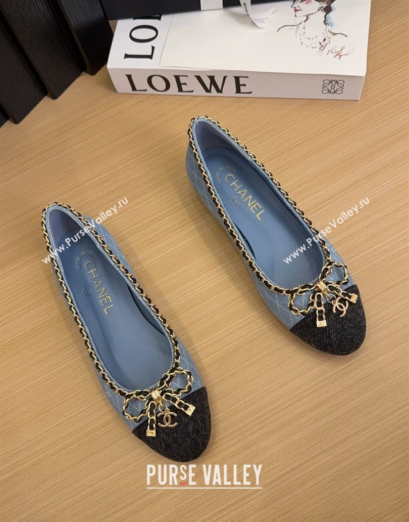 Chanel Quilted Denim Ballet Flats with Chain Bow Light Blue 2025 CH041605 (MD-250416049)