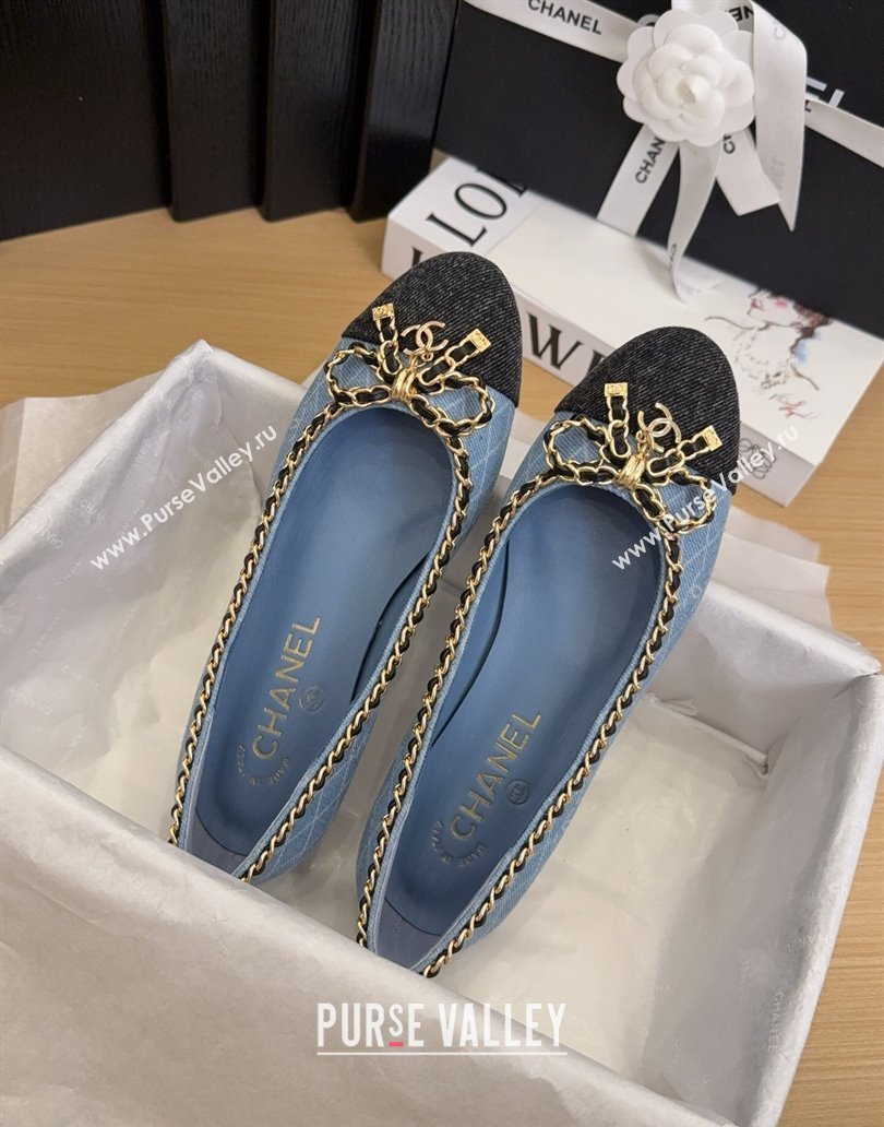 Chanel Quilted Denim Ballet Flats with Chain Bow Light Blue 2025 CH041605 (MD-250416049)