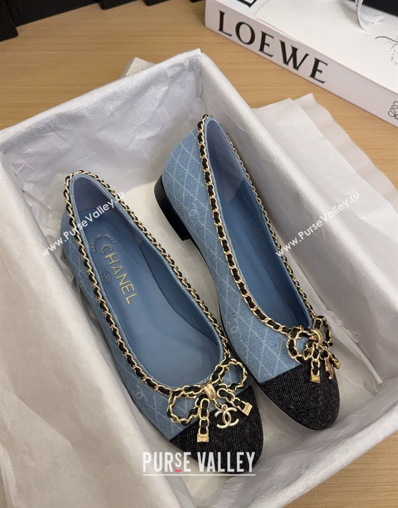 Chanel Quilted Denim Ballet Flats with Chain Bow Light Blue 2025 CH041605 (MD-250416049)