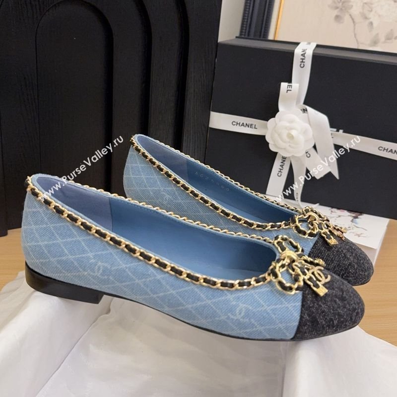 Chanel Quilted Denim Ballet Flats with Chain Bow Light Blue 2025 CH041605 (MD-250416049)