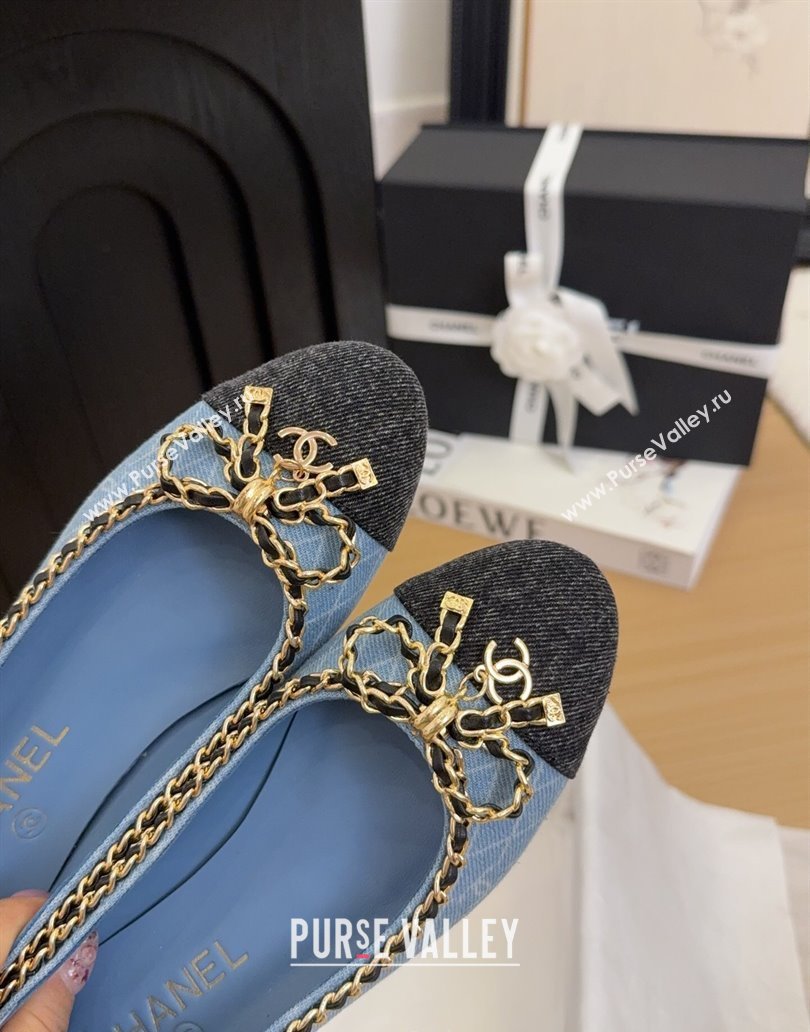 Chanel Quilted Denim Ballet Flats with Chain Bow Light Blue 2025 CH041605 (MD-250416049)