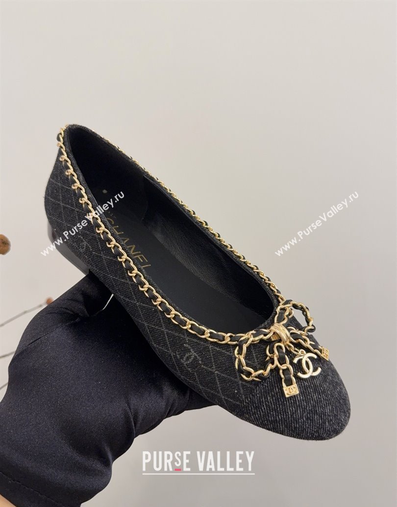 Chanel Quilted Denim Ballet Flats with Chain Bow Black 2025 CH041605 (MD-250416050)
