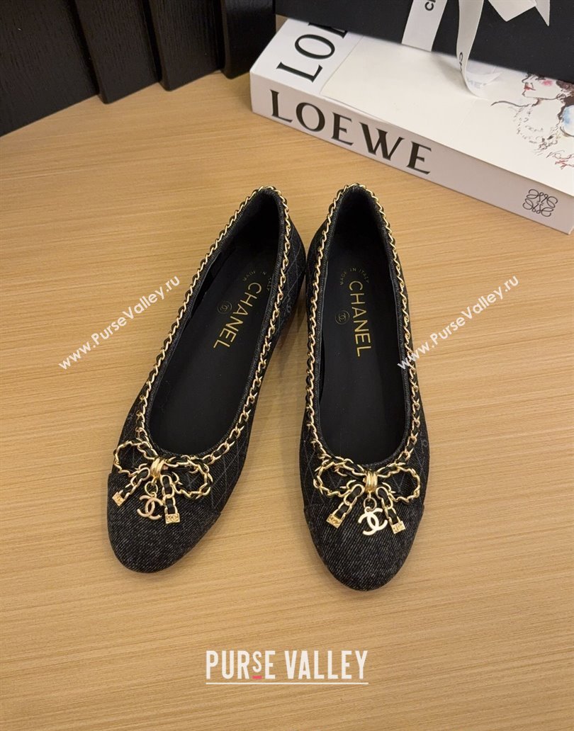 Chanel Quilted Denim Ballet Flats with Chain Bow Black 2025 CH041605 (MD-250416050)