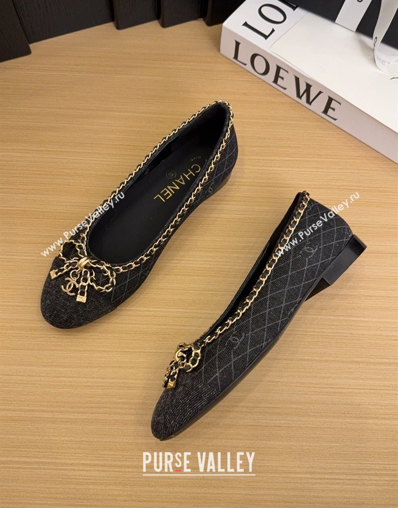 Chanel Quilted Denim Ballet Flats with Chain Bow Black 2025 CH041605 (MD-250416050)