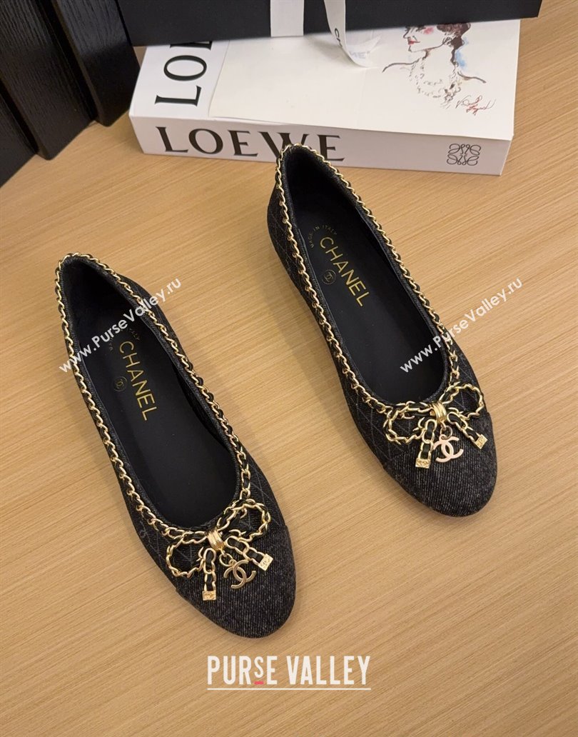 Chanel Quilted Denim Ballet Flats with Chain Bow Black 2025 CH041605 (MD-250416050)