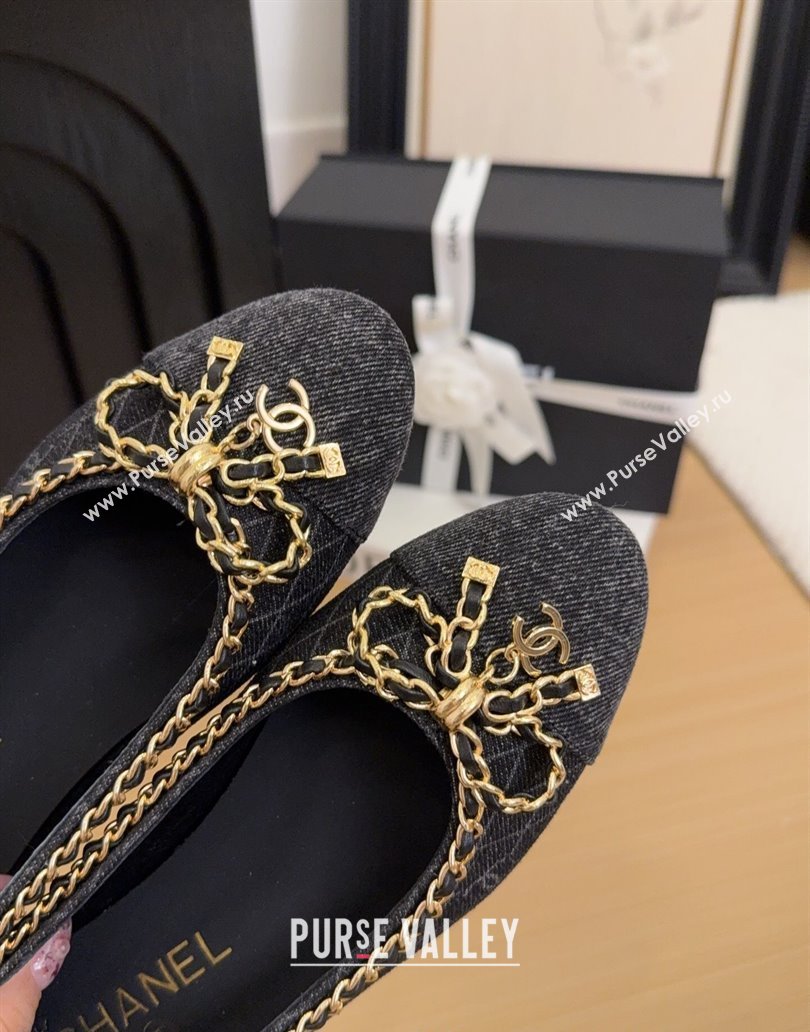 Chanel Quilted Denim Ballet Flats with Chain Bow Black 2025 CH041605 (MD-250416050)