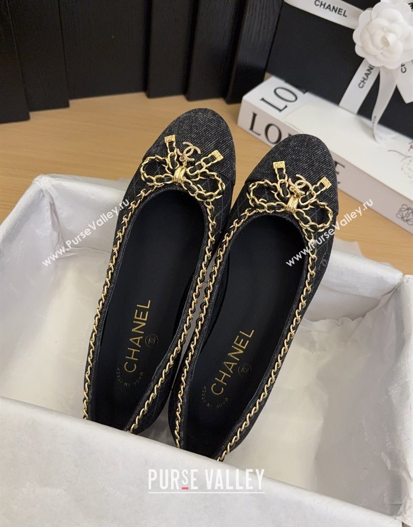 Chanel Quilted Denim Ballet Flats with Chain Bow Black 2025 CH041605 (MD-250416050)