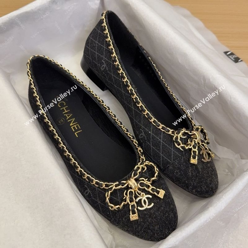 Chanel Quilted Denim Ballet Flats with Chain Bow Black 2025 CH041605 (MD-250416050)