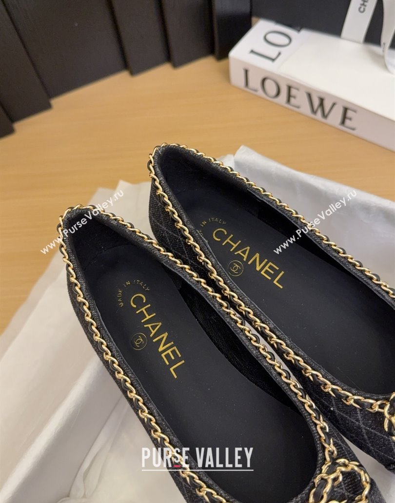 Chanel Quilted Denim Ballet Flats with Chain Bow Black 2025 CH041605 (MD-250416050)